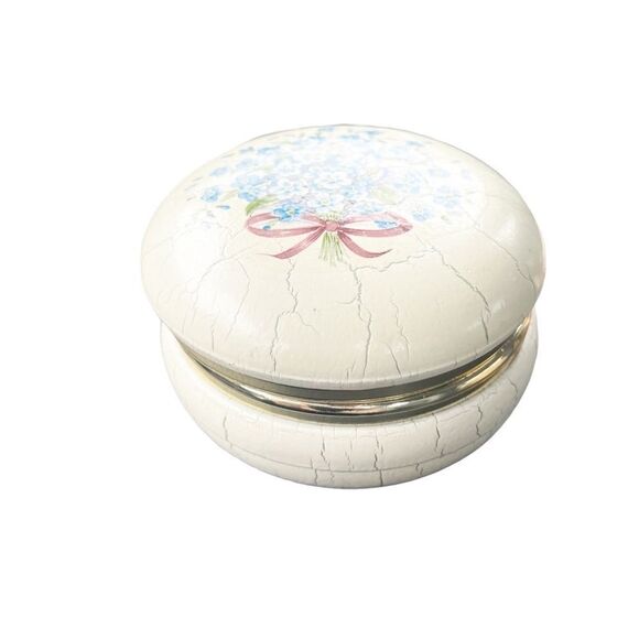 Vintage Italian Wood Crackled Hand Painted Floral & Gold Metal Round Trinket Box - Picture 1 of 8